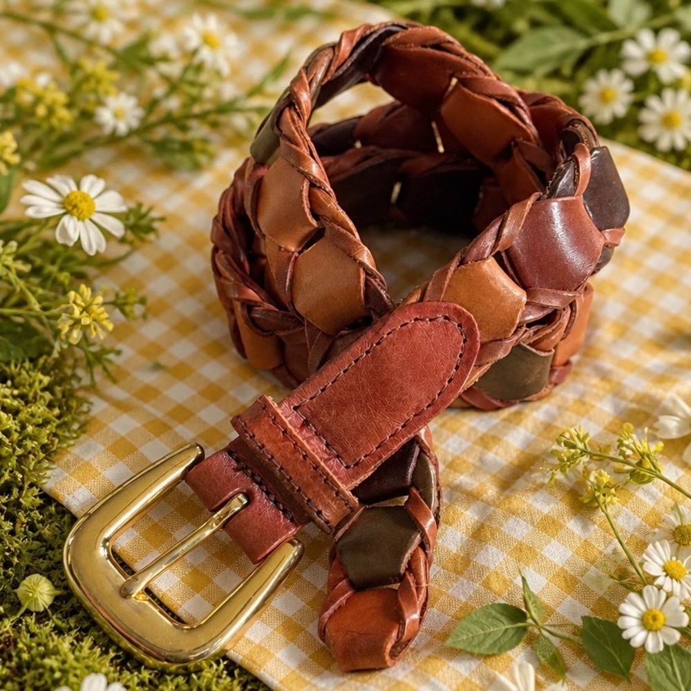Multi-Tone Brown Woven Genuine Leather Belt Gold Buckle Boho Chic Coastal